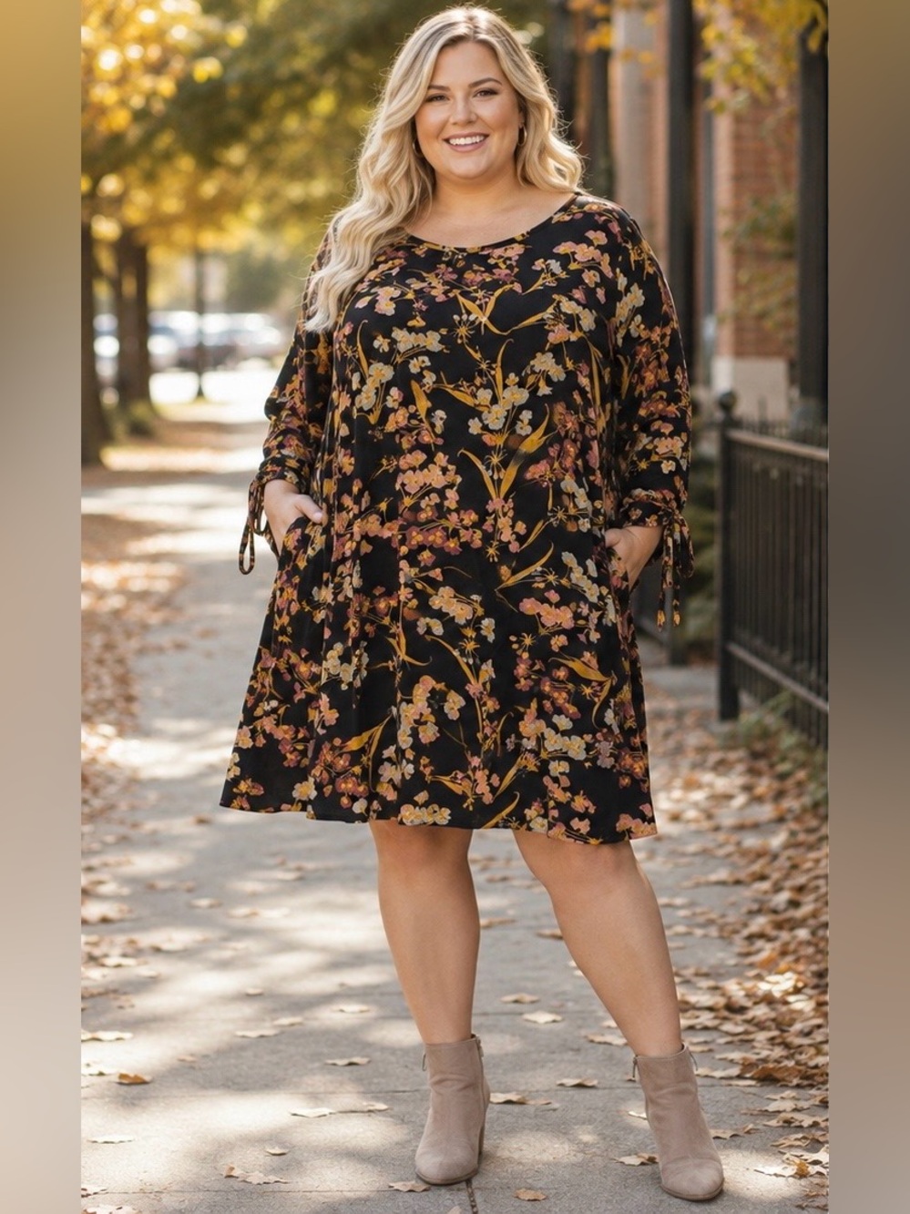Xhilaration XXL Black Floral Dress Long Sleeve Tie Cuff Pockets Fall Boho